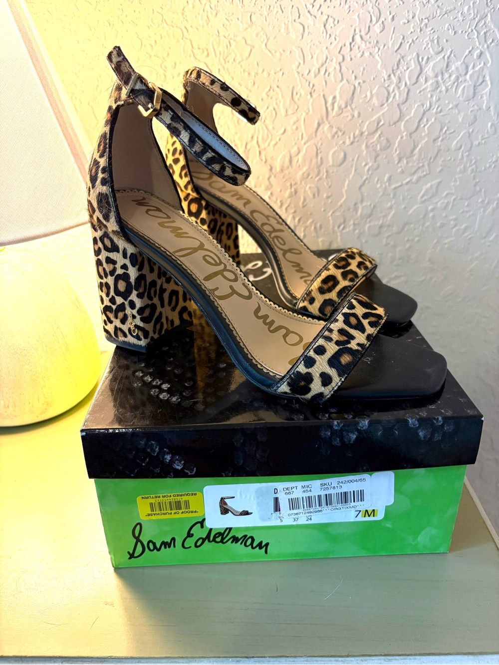 Sam Edelman Leopard Ankle-Strap Block Heels in Tan and Black,